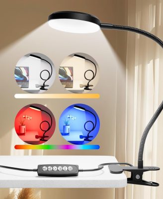 Desk Lamp with Clamp-10W，2-in-1 with RGB Ambient Light & Warm White Light,Book Reading Light Color Changeable/Flexible Gooseneck LED Lamps Clip on Bed Headboard and Computers 800LM-Black
